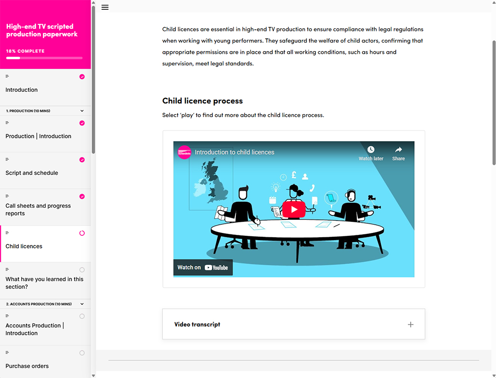 A screen from the 'Child licences' section of the e-learning course, allowing the learner to watch an animation to find out more about the child licence process and click to open a transcript of the animation.