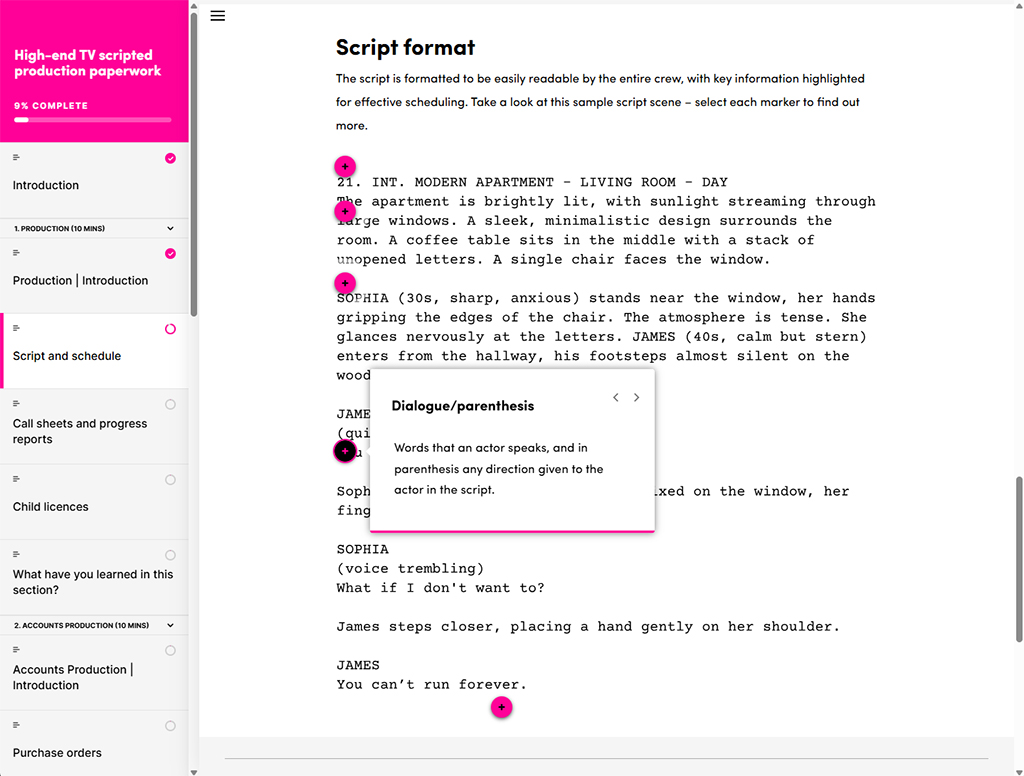 A screen from the 'Script format' section of the e-learning course, allowing the learner to click on features of a sample script scene to find out more about them.