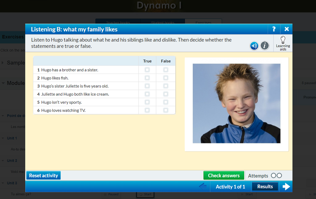 On-screen homework listening activity from Dynamo 1