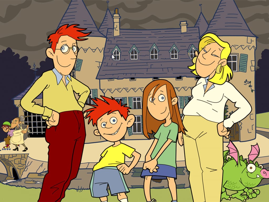 A cartoon of a French family and dragon character