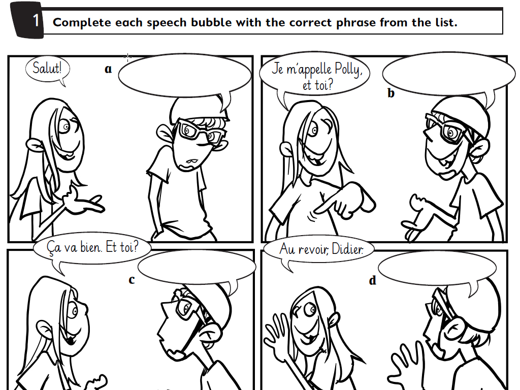 Worksheet with empty speech bubbles for students to write in