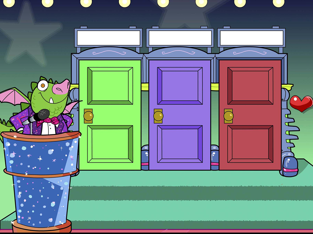 Screenshot from interactive game featuring dragon character as quiz show style host