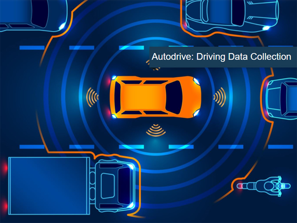 An illustration of an orange car framed by wireless symbols, surrounded by three blue cars, a lorry and a motorcyclist, and with the words 'Autodrive: Driving Data Collection'