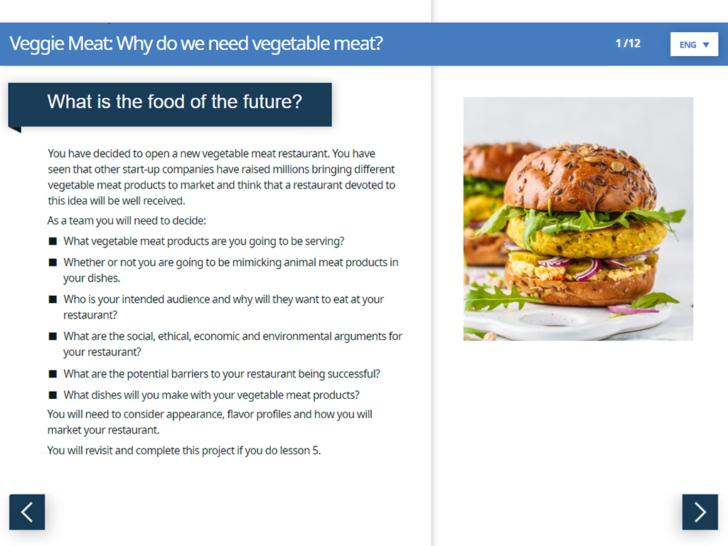 Page from a slideshow entitled 'Veggie Meat: Why do we need vegetable meat?', with text and a picture of a meat-free burger