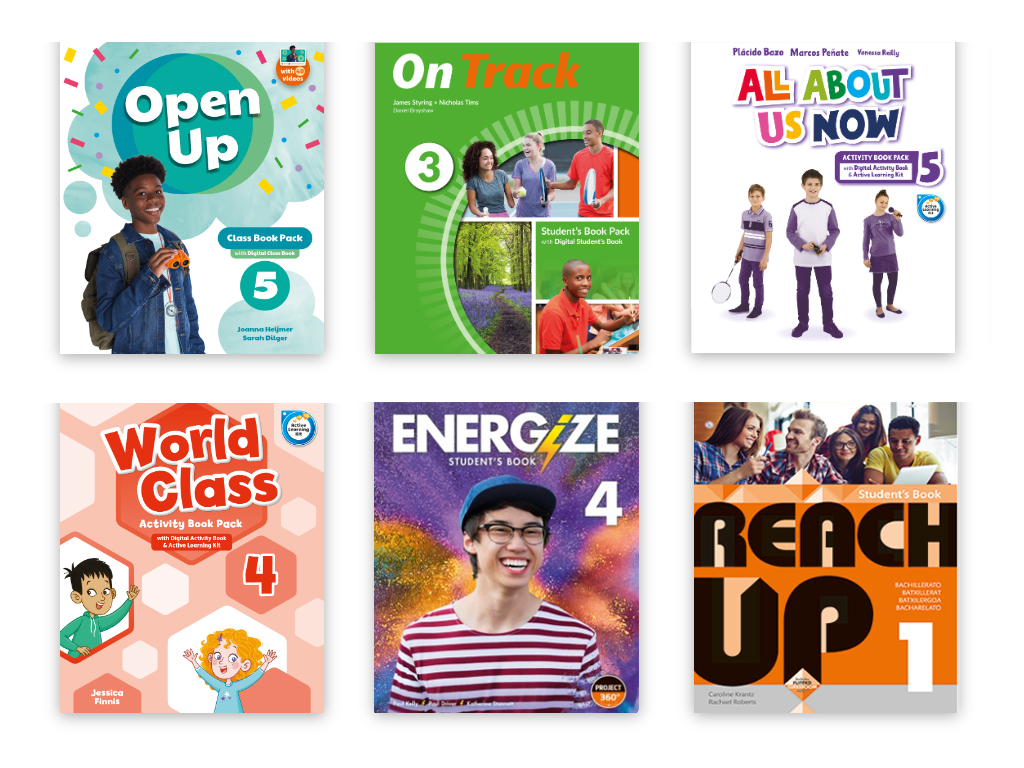 The covers of six ELT course books: Open Up Class Book Pack 5; On Track Student's Book Pack 3; All About Us Now Activity Book Pack 5; World Class Activity Book Pack 4; Energize Student's Book 4; and Reach Up Student's Book 1