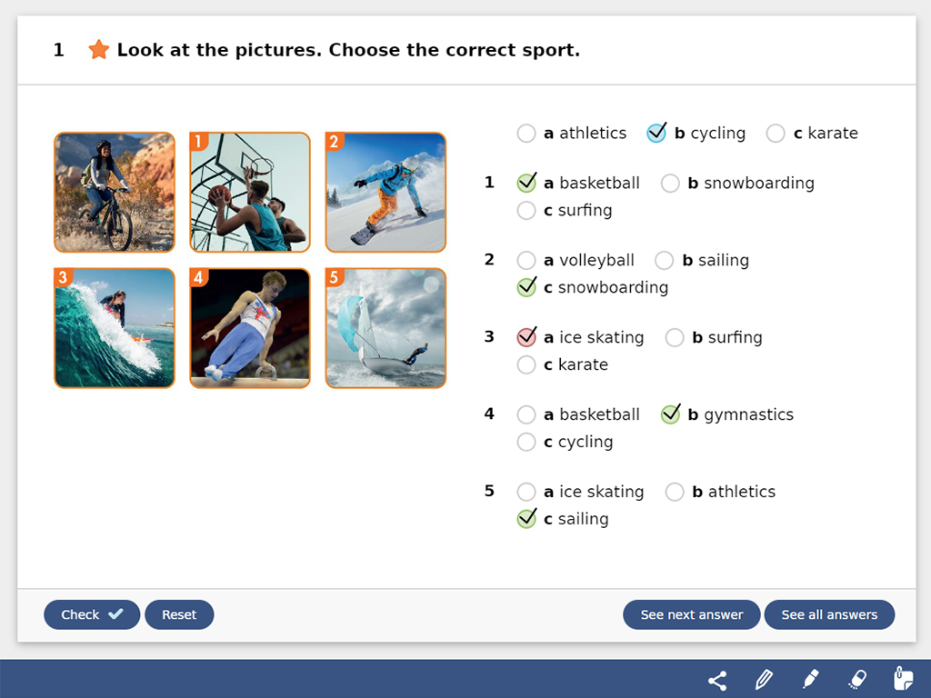 An online course exercise showing photos of various sporting activities, alongside multiple-choice answers, under the question 'Look at the pictures. Choose the correct sport'