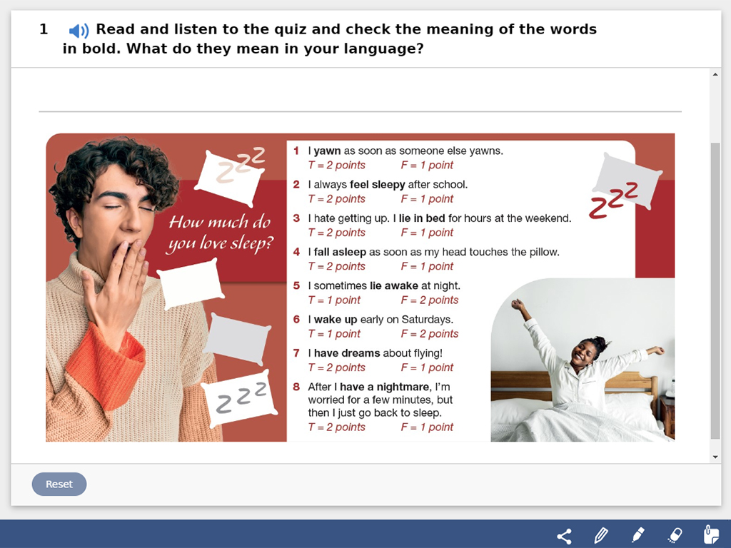 An online course exercise with photos of a man yawning and a woman stretching and eight questions relating to sleep, which can also be listened to as an audio