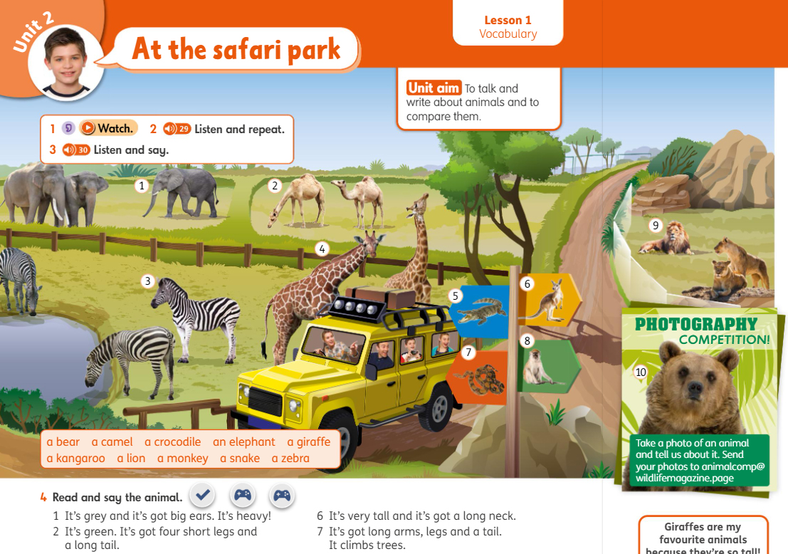 Page from a student's book for children with the heading 'Unit 2: At the safari park' above a picture of wild animals with numbers and a vocab box containing the names of the animals