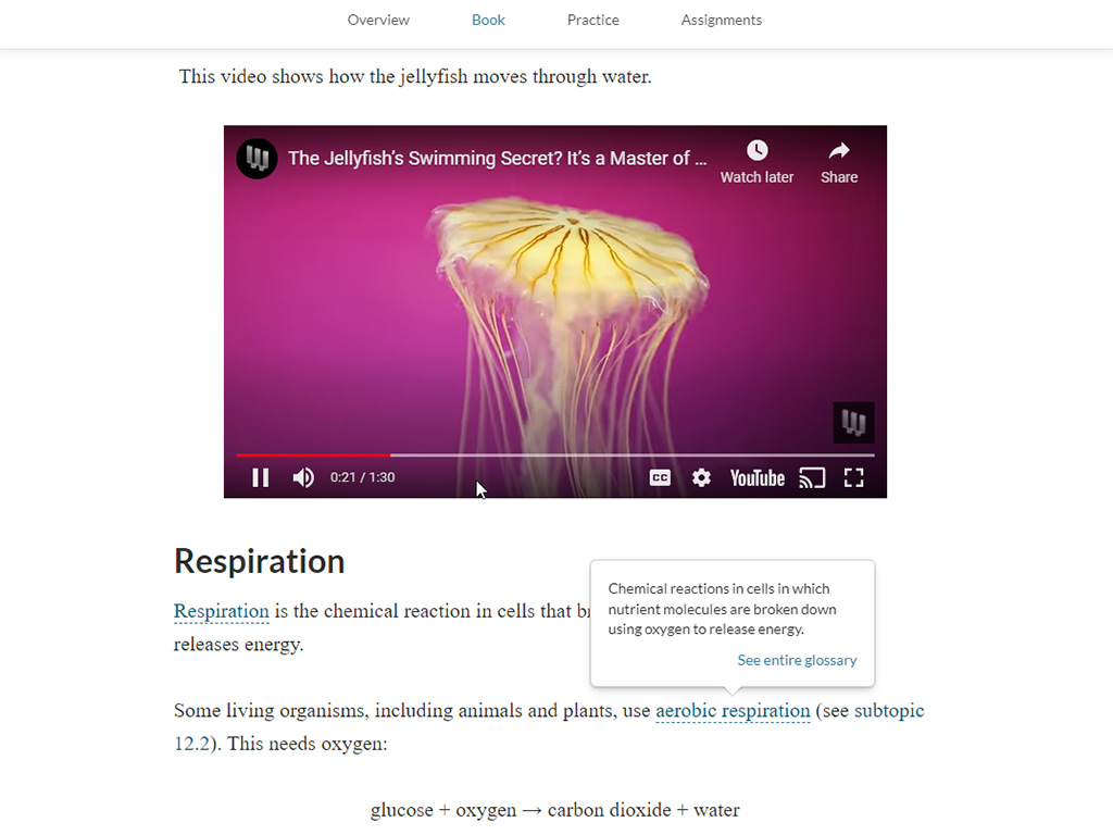 Screenshot of a science course webpage showing a YouTube video of a jellyfish and information on respiration, with an open glossary pop-up box defining 'aerobic respiration'