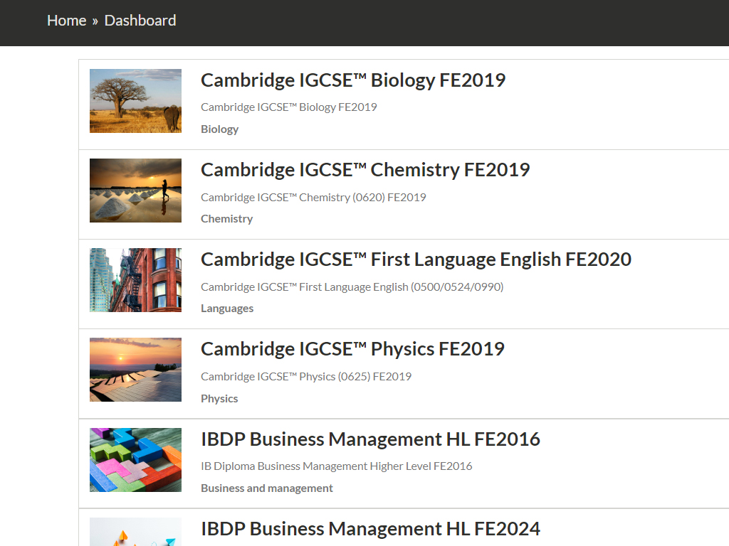 Screenshot of an online student dashboard showing various icourses, including Cambridge IGCSE Biology, Chemistry, English, Physics, and IBDP Business Management
