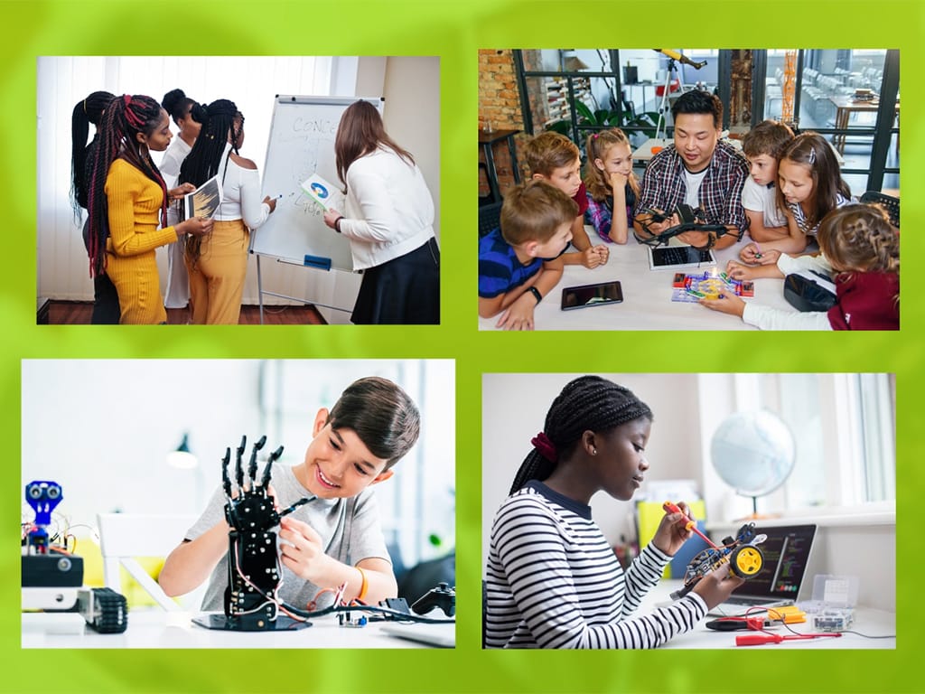 Four photos - top left: a teacher and teenage students standing at a white board; top right: a teacher at a table with primary-age pupils; bottom left: a young boy working on a robotic hand; bottom right: a teenage girl working on a toy electric car