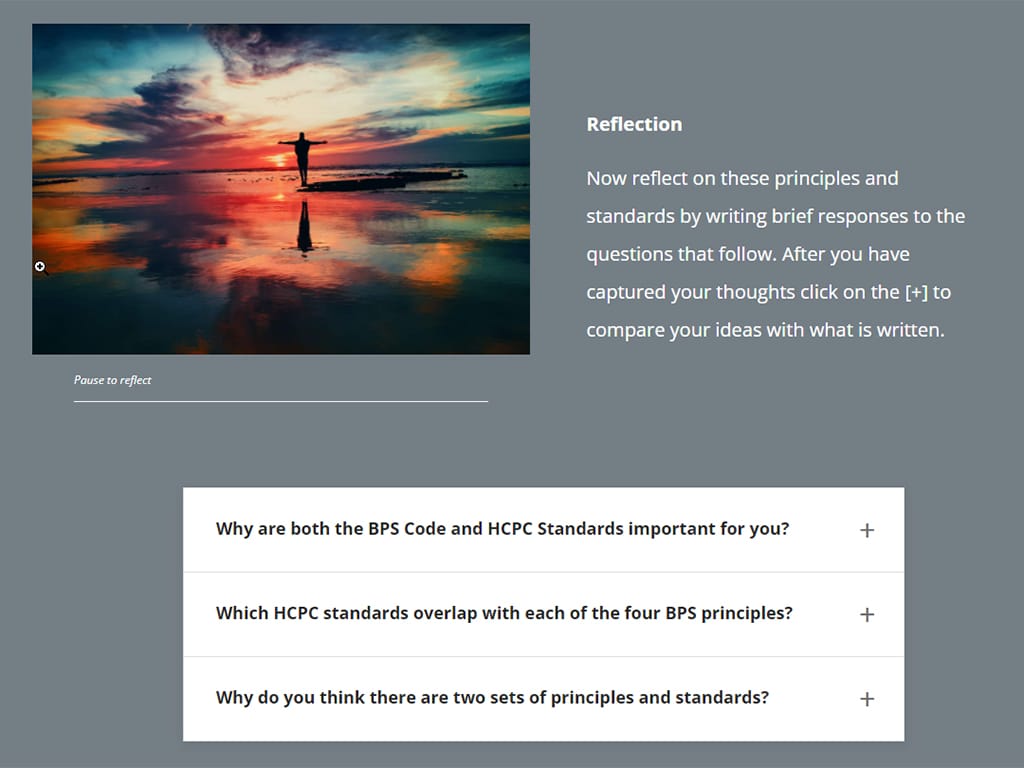 An e-learning course page with the heading 'Reflection' followed by three questions, and an image of a person standing alone on a beach with arms outstretched under a colourful background sky