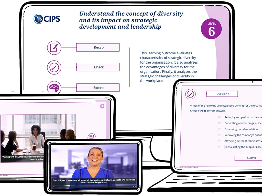 Pages of a CIPS e-learning course, including written material and videos, visible on PC, laptop, tablet and smartphone screens