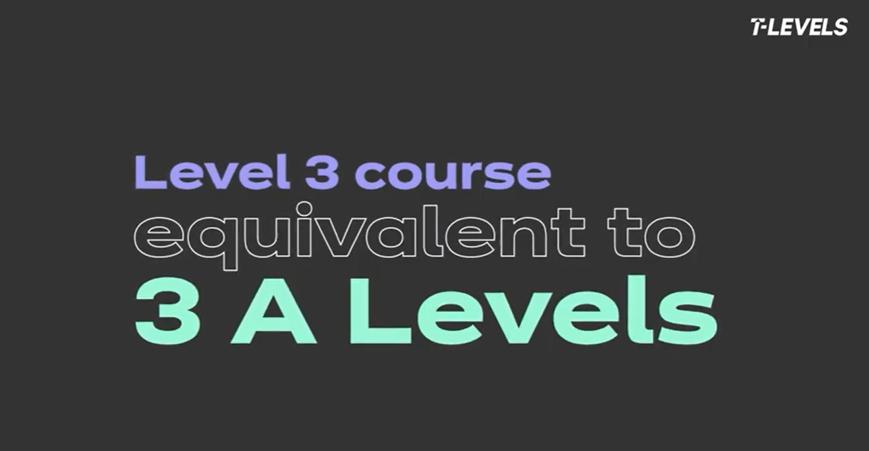 A screenshot showing the words 'T-Levels: Level 3 course equivalent to 3 A Levels'