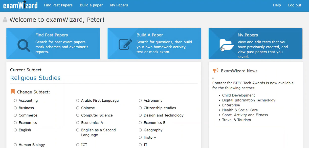 Screenshot of product home screen with the following options: Find Past Papers; Build Papers; My Papers and Choose a Subject