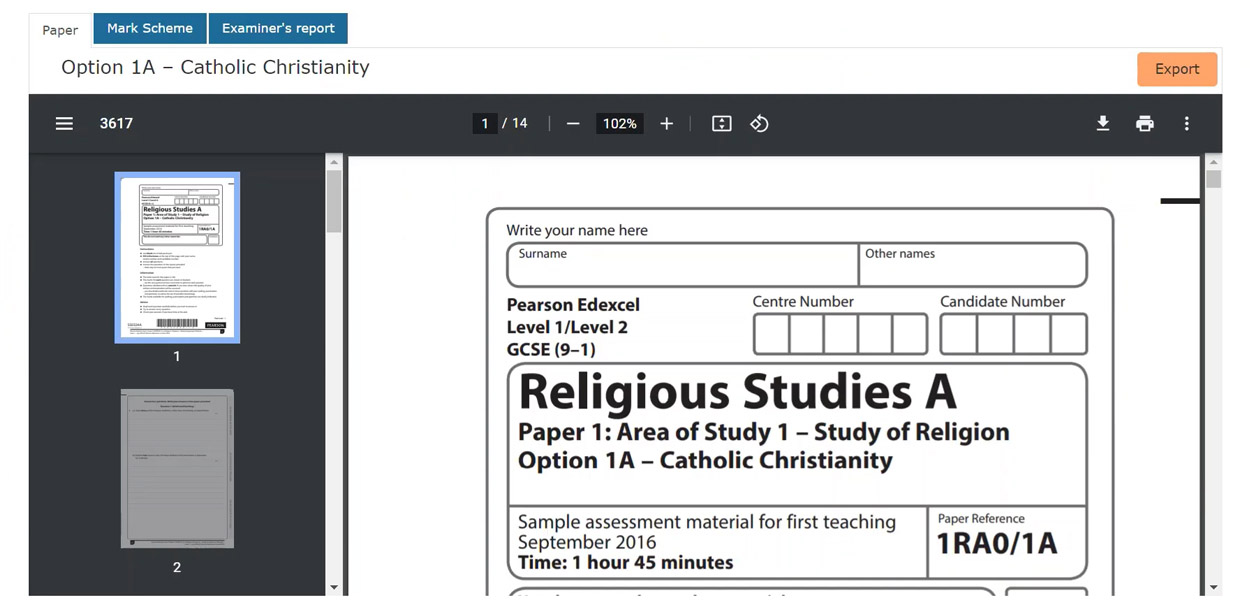 Screenshot of PDF preview of Religious Studies A exam paper
