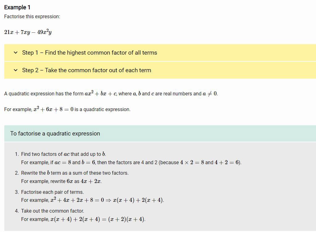 Page on quadratic equations from a maths e-learning course