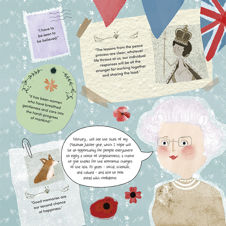 Page from the children's book showing a drawing of Queen Elizabeth II with a speech bubble, a Union flag and several of her quotations from the past 70 years