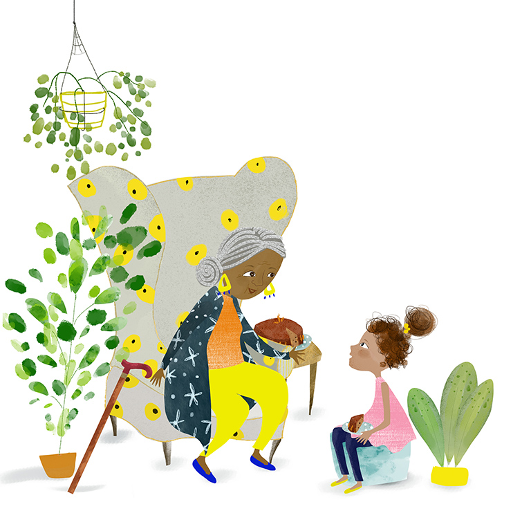 Page from the children's book showing a drawing of a Black grandmother sitting in an armchair and eating cake with her granddaughter