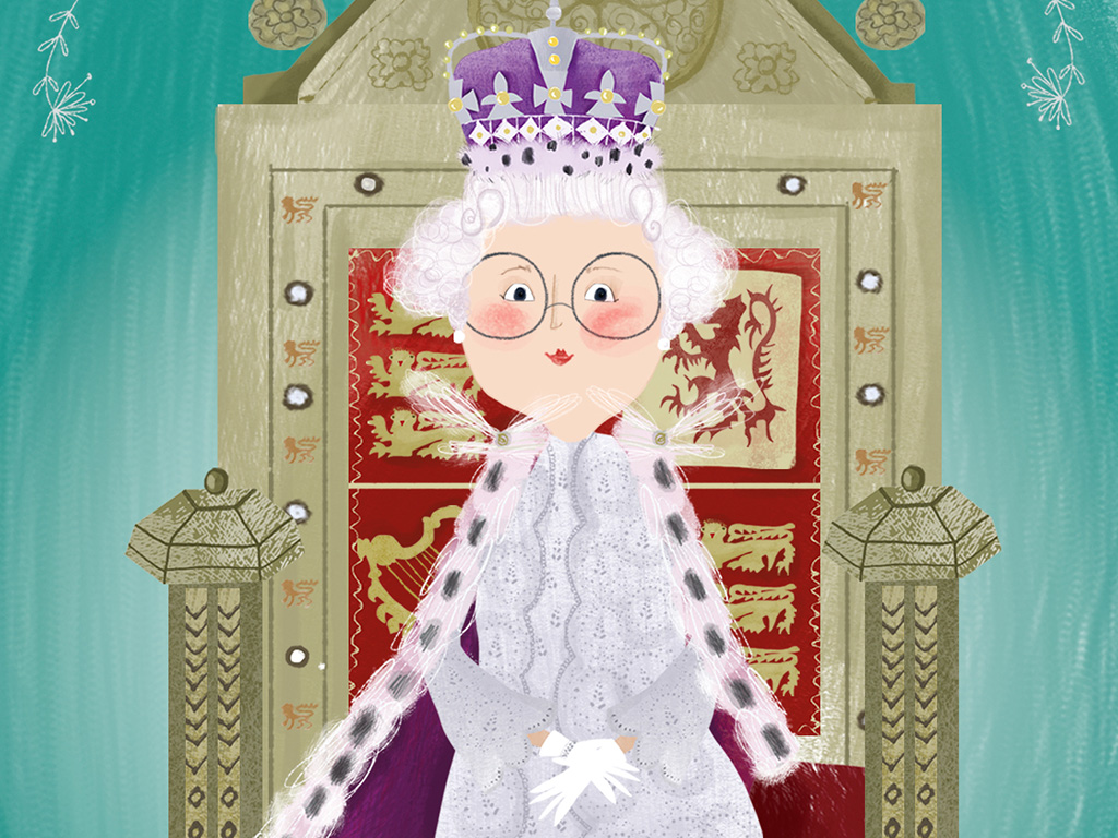 Drawing from cover of children's book showing Queen Elizabeth II sitting on a throne