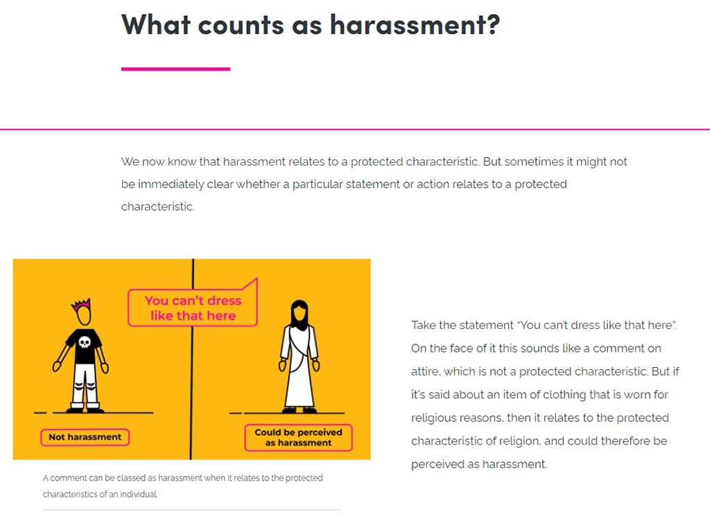 Page from an e-learning module entitled 'What counts as harrassment?' with text and an illustration on dress code and bullying