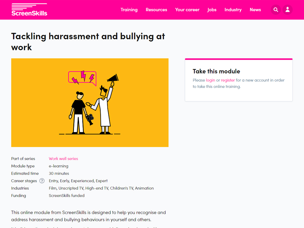 Screenshot of Tackling harrassment and bullying at work e-learning module overview